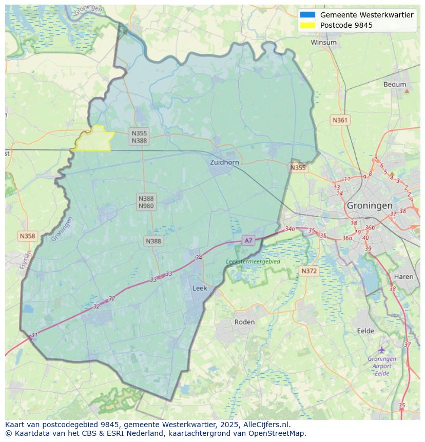 Afbeelding van het postcodegebied 9845 op de kaart.