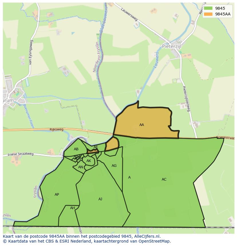 Afbeelding van het postcodegebied 9845 AA op de kaart.