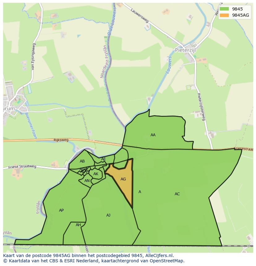 Afbeelding van het postcodegebied 9845 AG op de kaart.