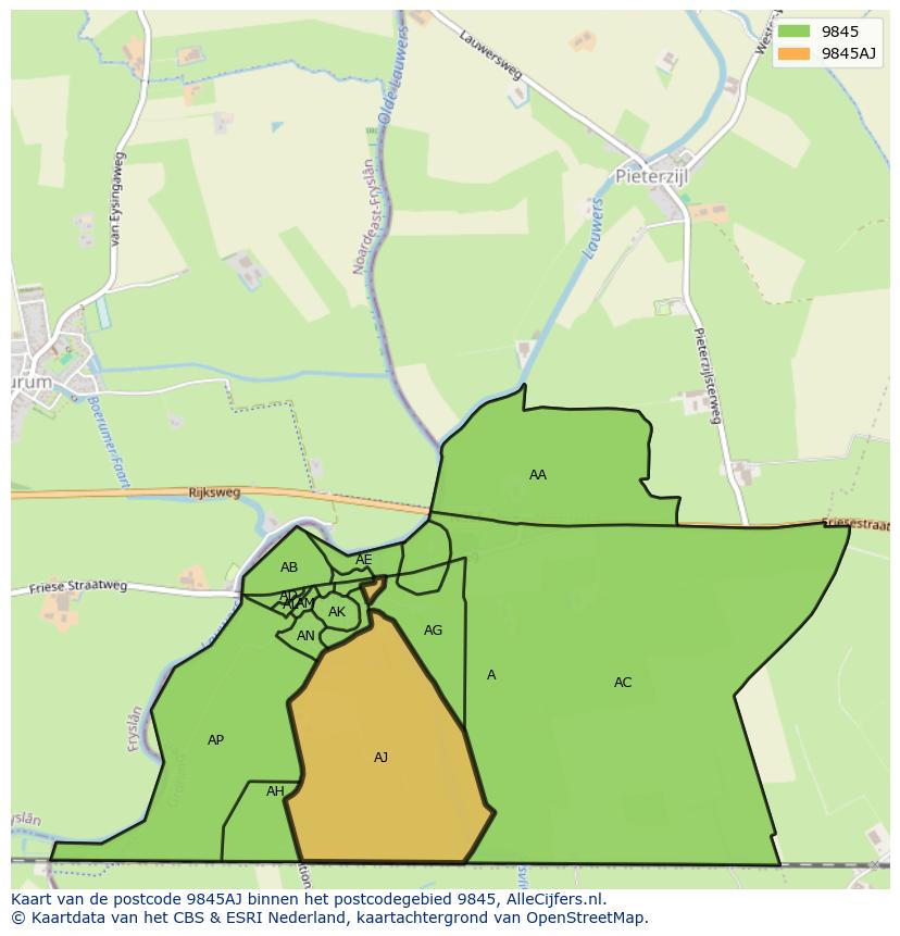 Afbeelding van het postcodegebied 9845 AJ op de kaart.