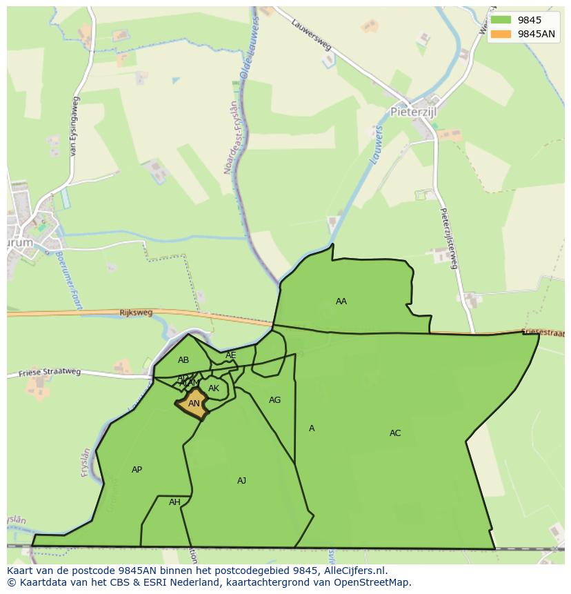 Afbeelding van het postcodegebied 9845 AN op de kaart.