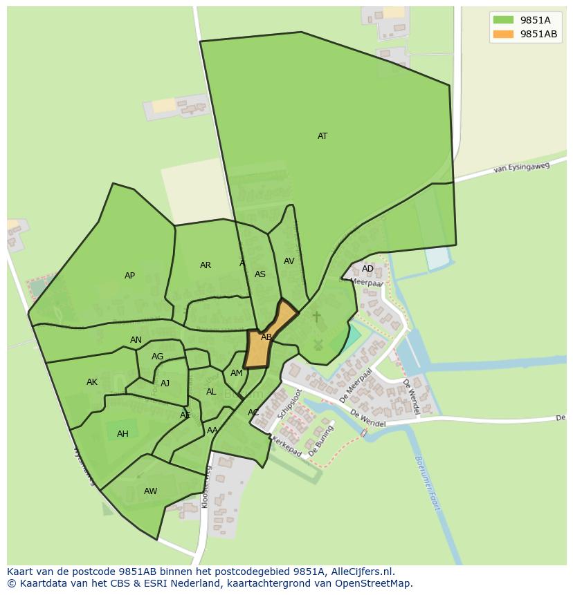 Afbeelding van het postcodegebied 9851 AB op de kaart.