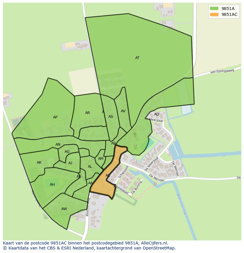 Afbeelding van het postcodegebied 9851 AC op de kaart.