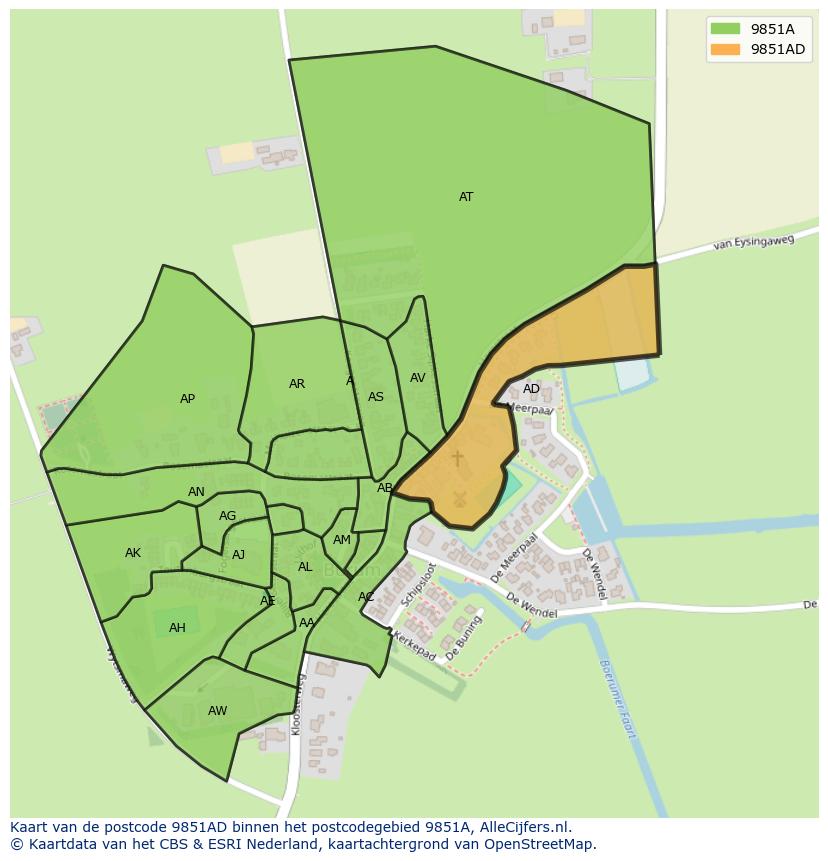 Afbeelding van het postcodegebied 9851 AD op de kaart.