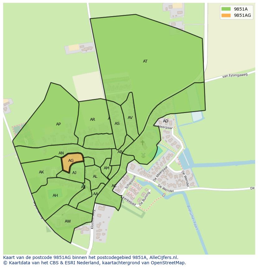 Afbeelding van het postcodegebied 9851 AG op de kaart.