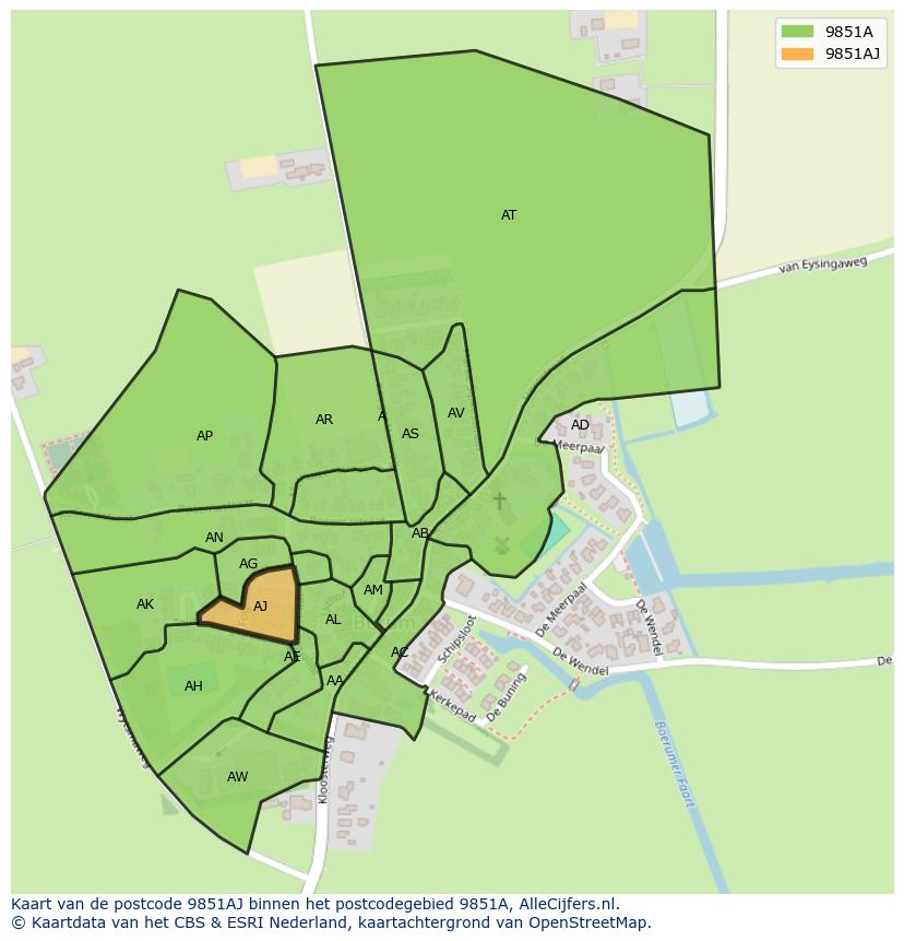 Afbeelding van het postcodegebied 9851 AJ op de kaart.