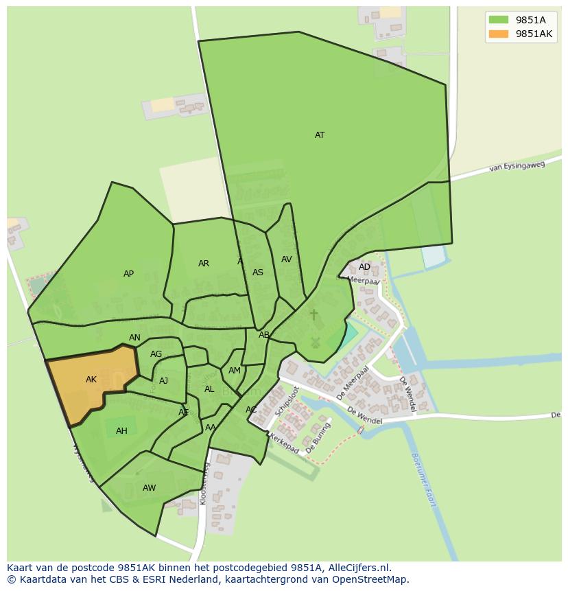 Afbeelding van het postcodegebied 9851 AK op de kaart.