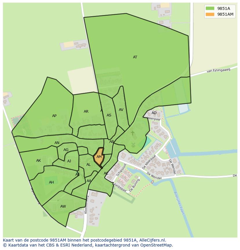 Afbeelding van het postcodegebied 9851 AM op de kaart.