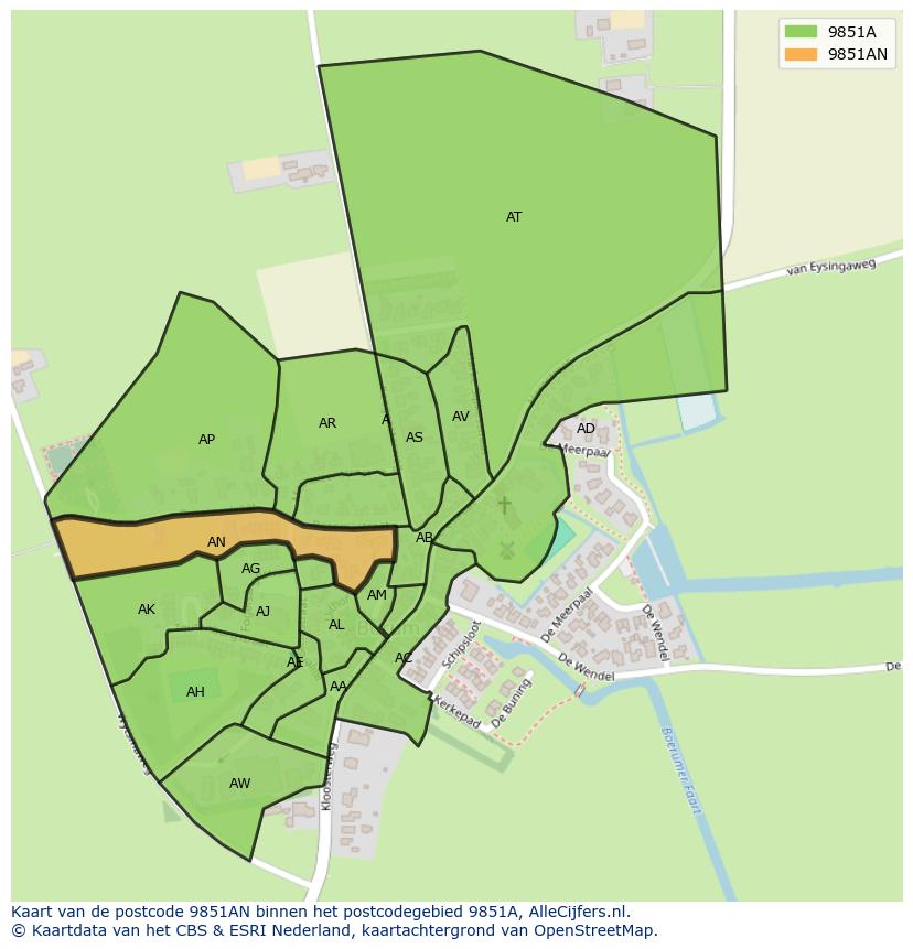 Afbeelding van het postcodegebied 9851 AN op de kaart.