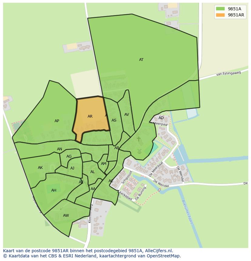 Afbeelding van het postcodegebied 9851 AR op de kaart.
