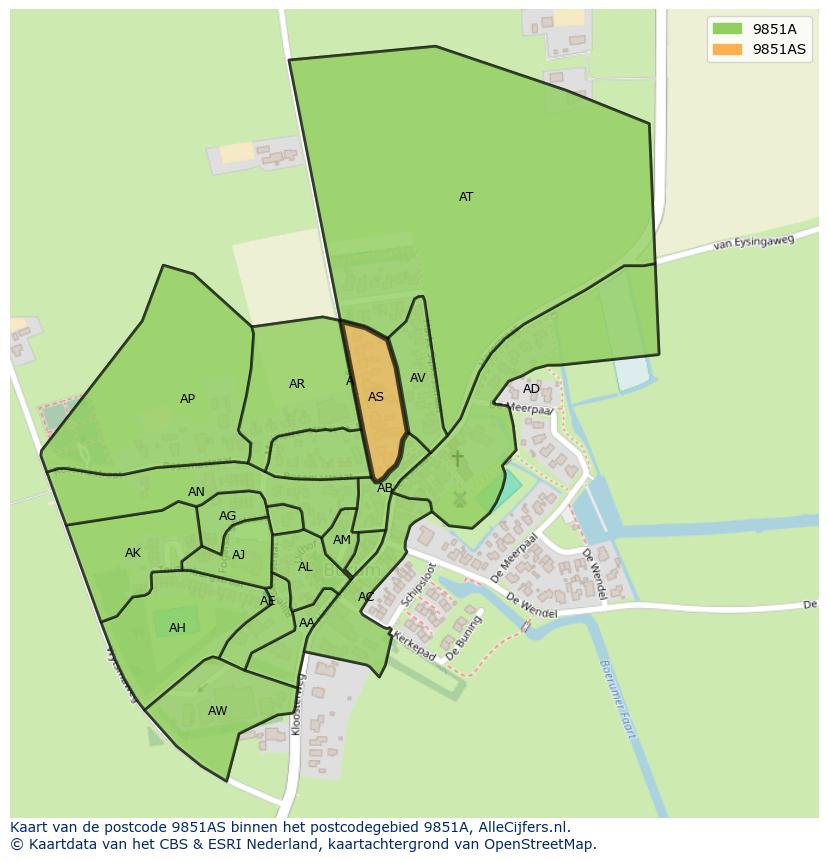 Afbeelding van het postcodegebied 9851 AS op de kaart.