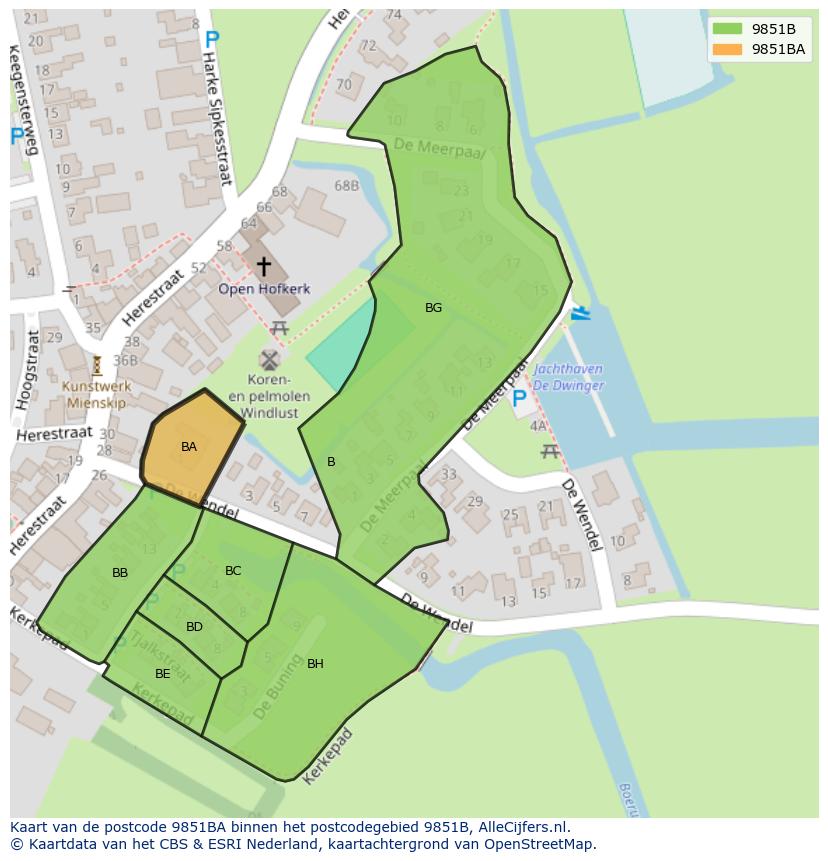 Afbeelding van het postcodegebied 9851 BA op de kaart.