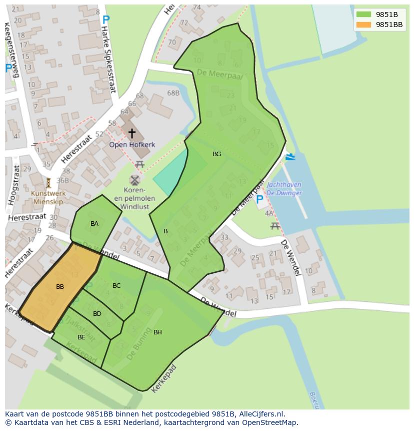 Afbeelding van het postcodegebied 9851 BB op de kaart.