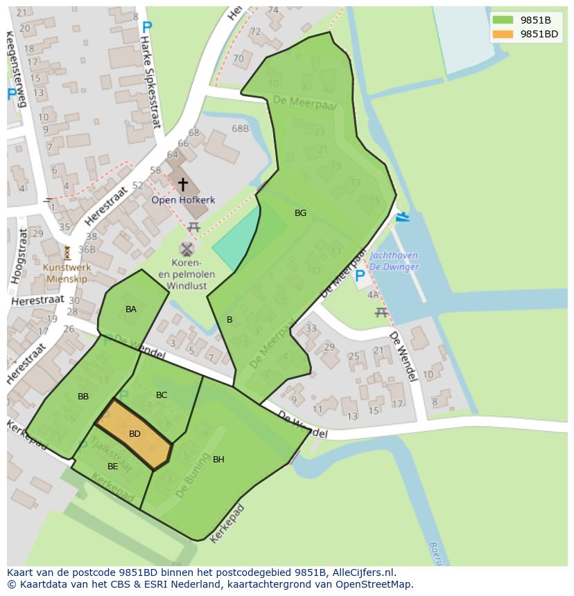 Afbeelding van het postcodegebied 9851 BD op de kaart.
