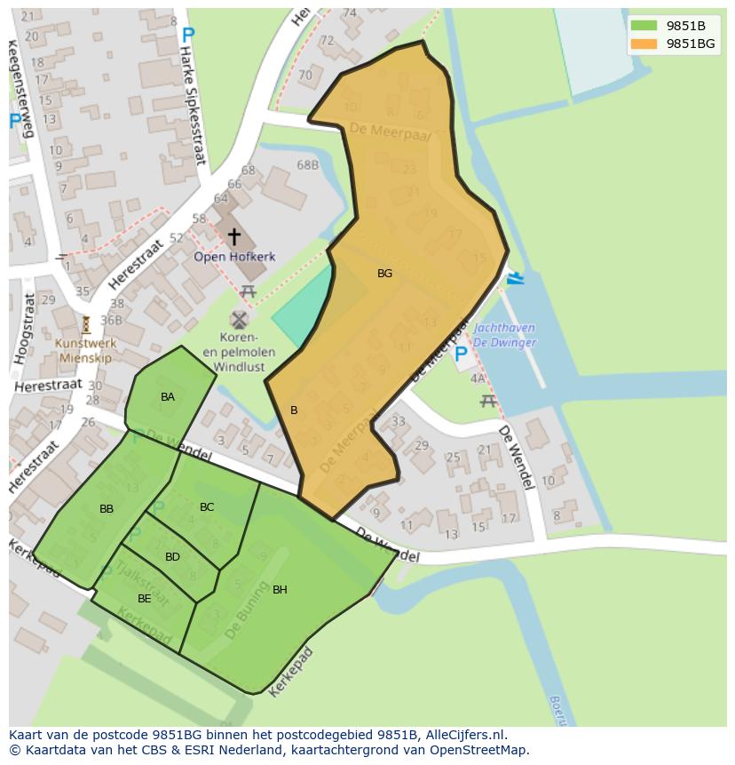Afbeelding van het postcodegebied 9851 BG op de kaart.