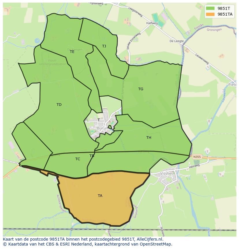Afbeelding van het postcodegebied 9851 TA op de kaart.