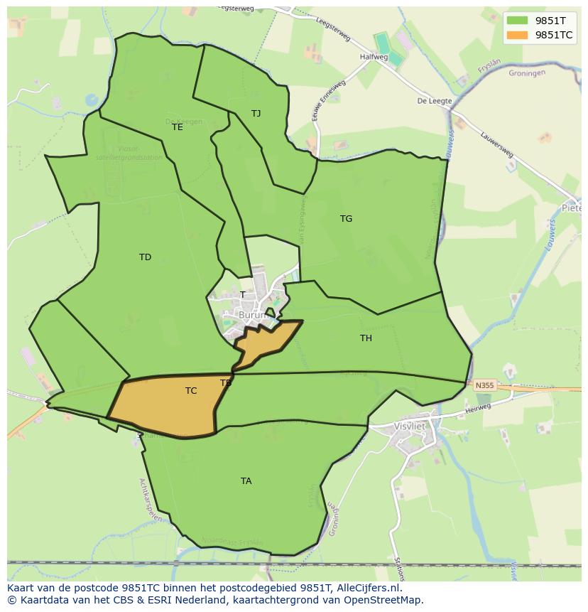 Afbeelding van het postcodegebied 9851 TC op de kaart.