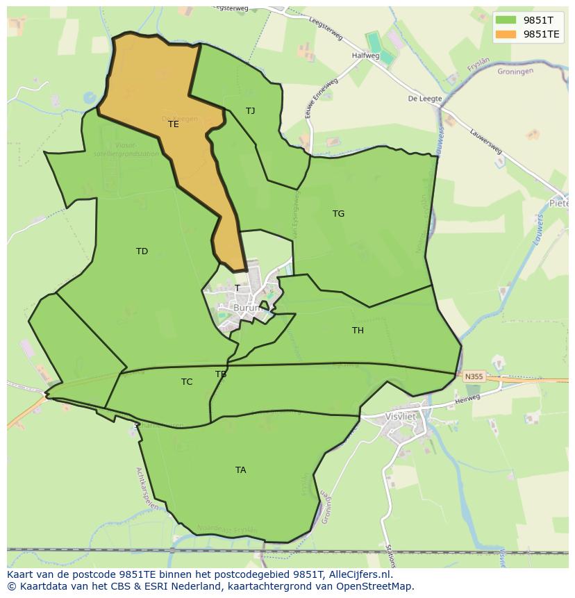 Afbeelding van het postcodegebied 9851 TE op de kaart.