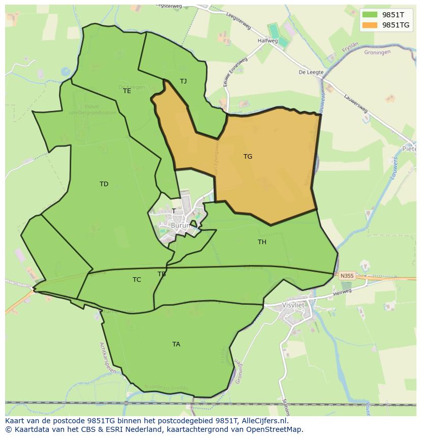 Afbeelding van het postcodegebied 9851 TG op de kaart.