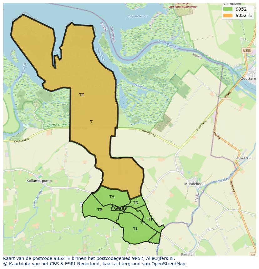 Afbeelding van het postcodegebied 9852 TE op de kaart.