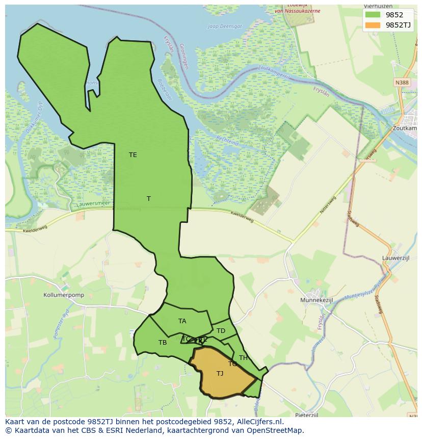 Afbeelding van het postcodegebied 9852 TJ op de kaart.