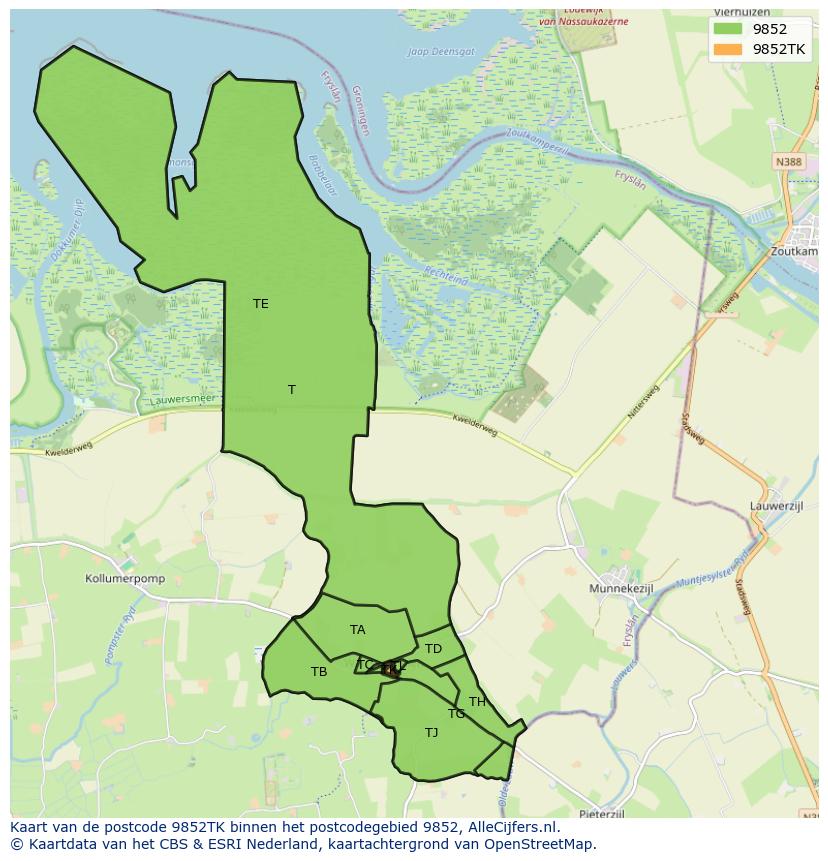 Afbeelding van het postcodegebied 9852 TK op de kaart.