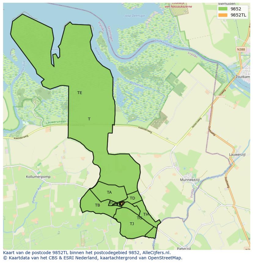 Afbeelding van het postcodegebied 9852 TL op de kaart.