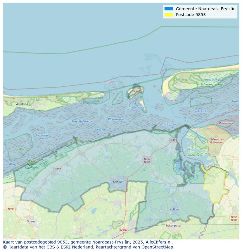 Afbeelding van het postcodegebied 9853 op de kaart.
