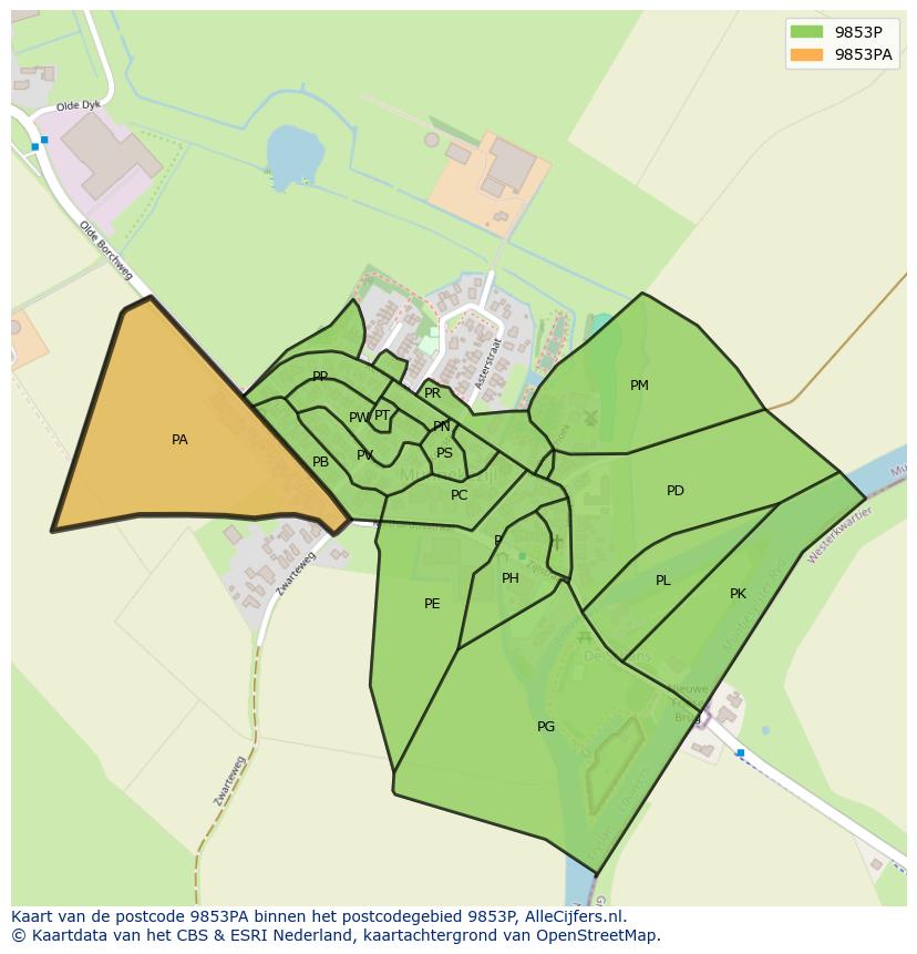 Afbeelding van het postcodegebied 9853 PA op de kaart.
