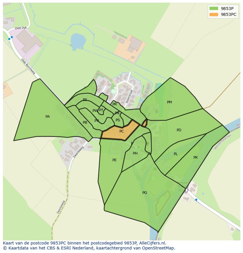 Afbeelding van het postcodegebied 9853 PC op de kaart.