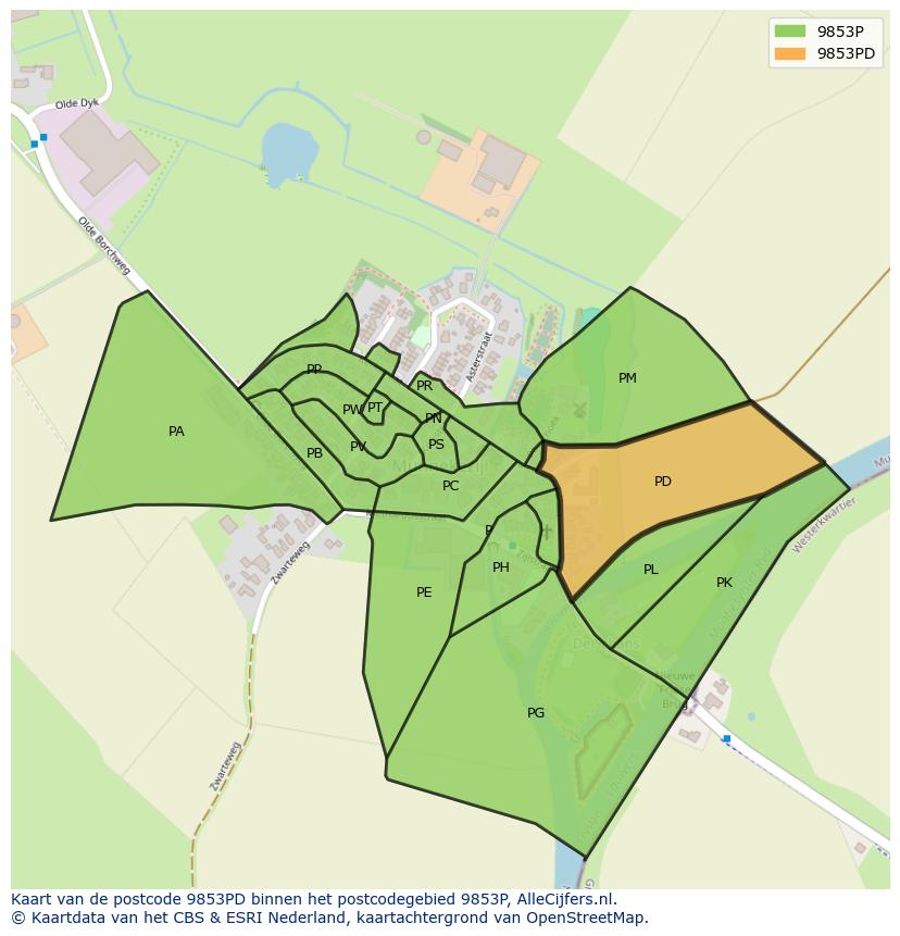 Afbeelding van het postcodegebied 9853 PD op de kaart.