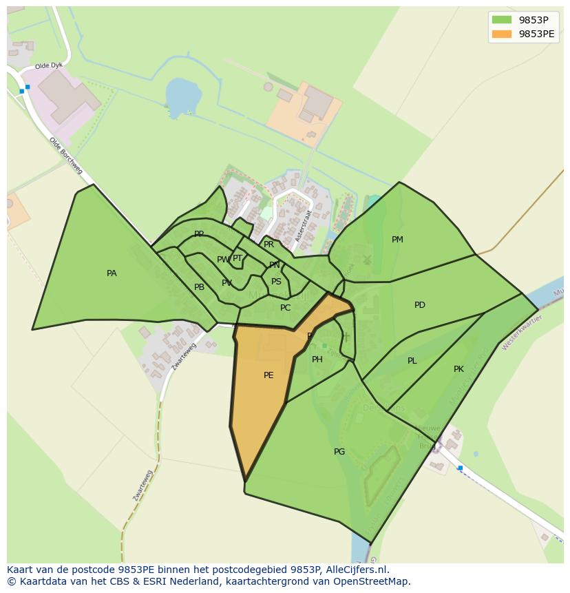 Afbeelding van het postcodegebied 9853 PE op de kaart.