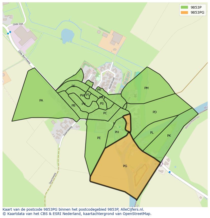 Afbeelding van het postcodegebied 9853 PG op de kaart.