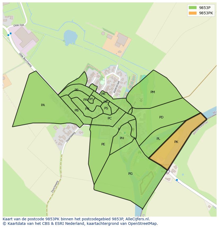 Afbeelding van het postcodegebied 9853 PK op de kaart.