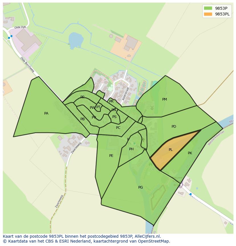 Afbeelding van het postcodegebied 9853 PL op de kaart.