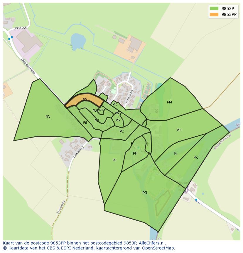 Afbeelding van het postcodegebied 9853 PP op de kaart.