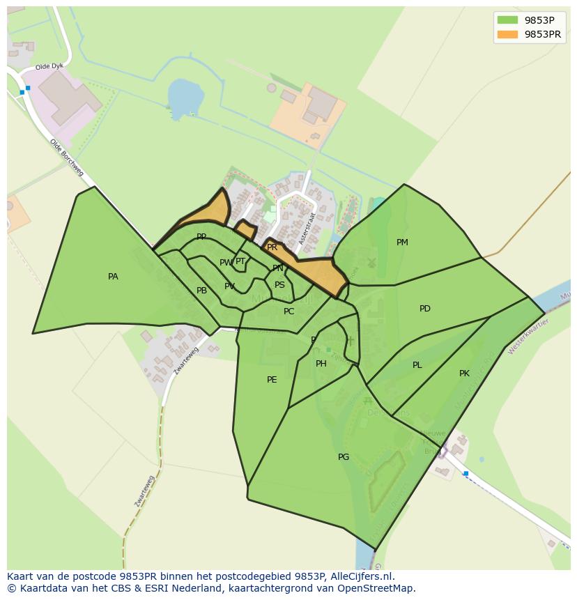 Afbeelding van het postcodegebied 9853 PR op de kaart.