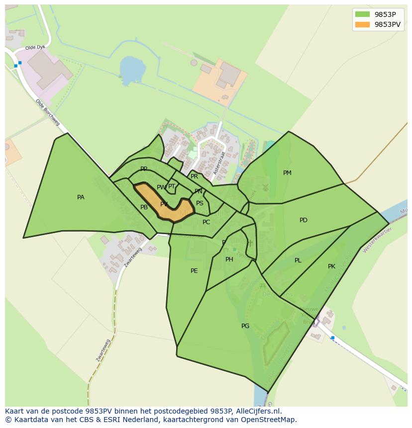 Afbeelding van het postcodegebied 9853 PV op de kaart.