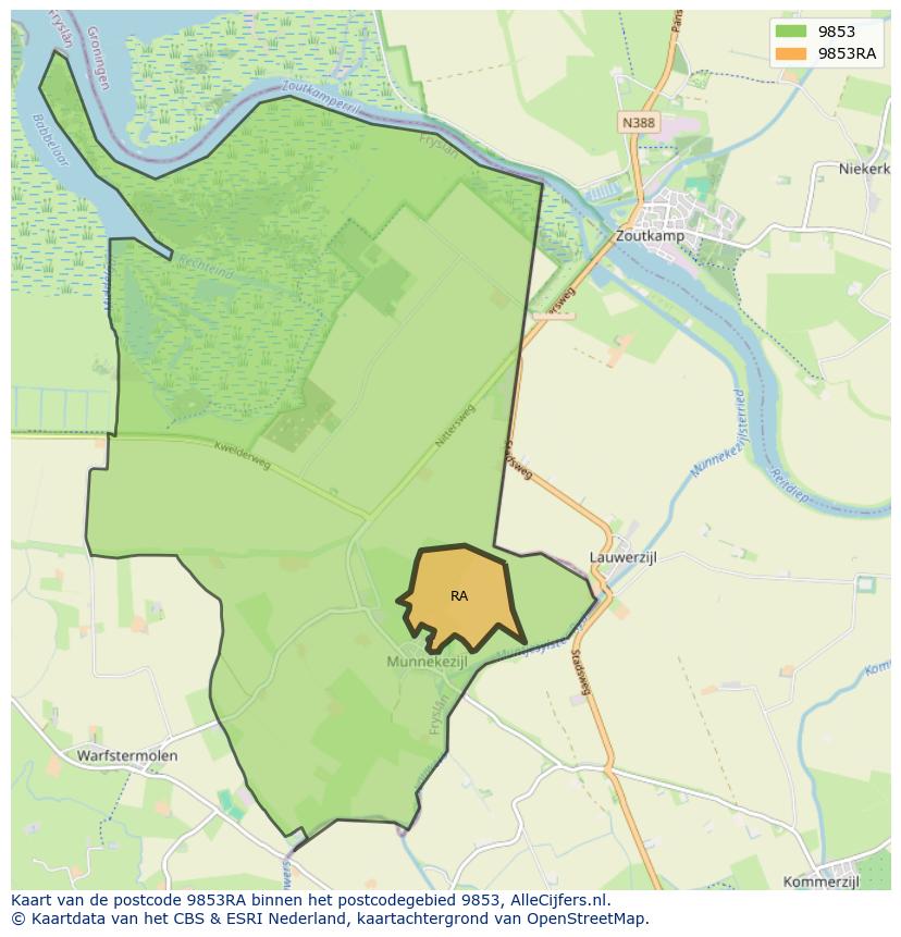 Afbeelding van het postcodegebied 9853 RA op de kaart.