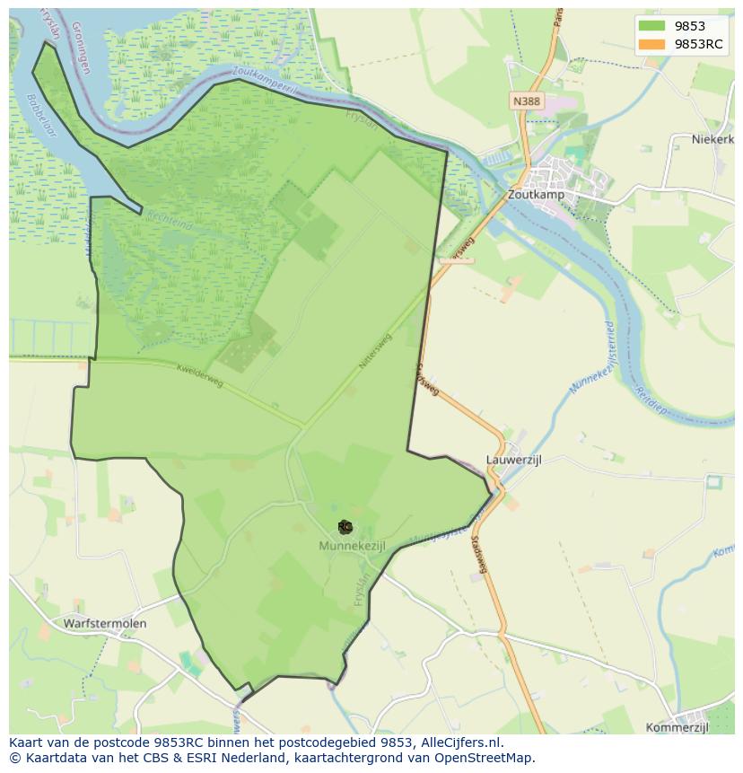 Afbeelding van het postcodegebied 9853 RC op de kaart.