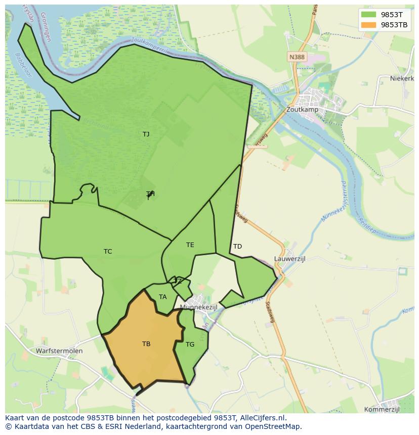 Afbeelding van het postcodegebied 9853 TB op de kaart.