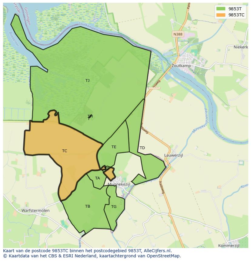 Afbeelding van het postcodegebied 9853 TC op de kaart.