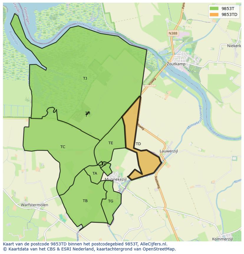 Afbeelding van het postcodegebied 9853 TD op de kaart.