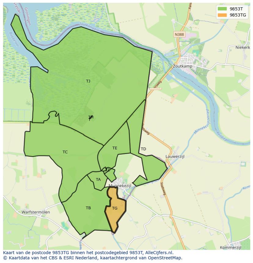 Afbeelding van het postcodegebied 9853 TG op de kaart.