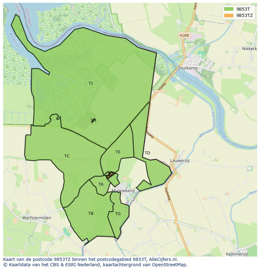 Afbeelding van het postcodegebied 9853 TZ op de kaart.