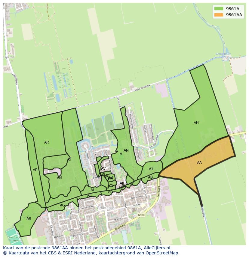 Afbeelding van het postcodegebied 9861 AA op de kaart.