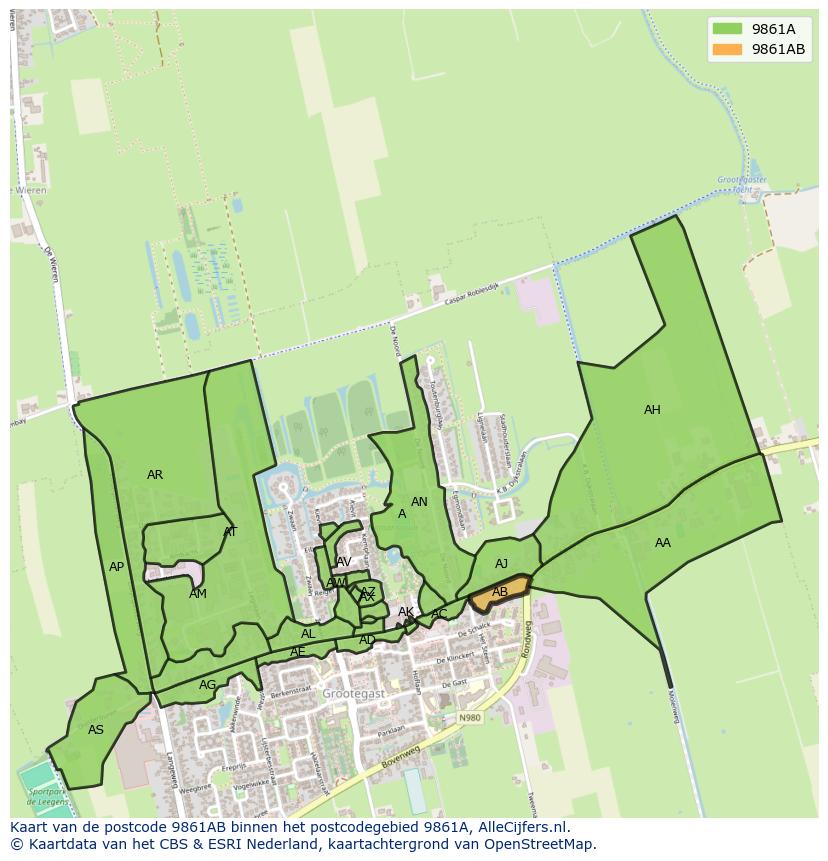 Afbeelding van het postcodegebied 9861 AB op de kaart.
