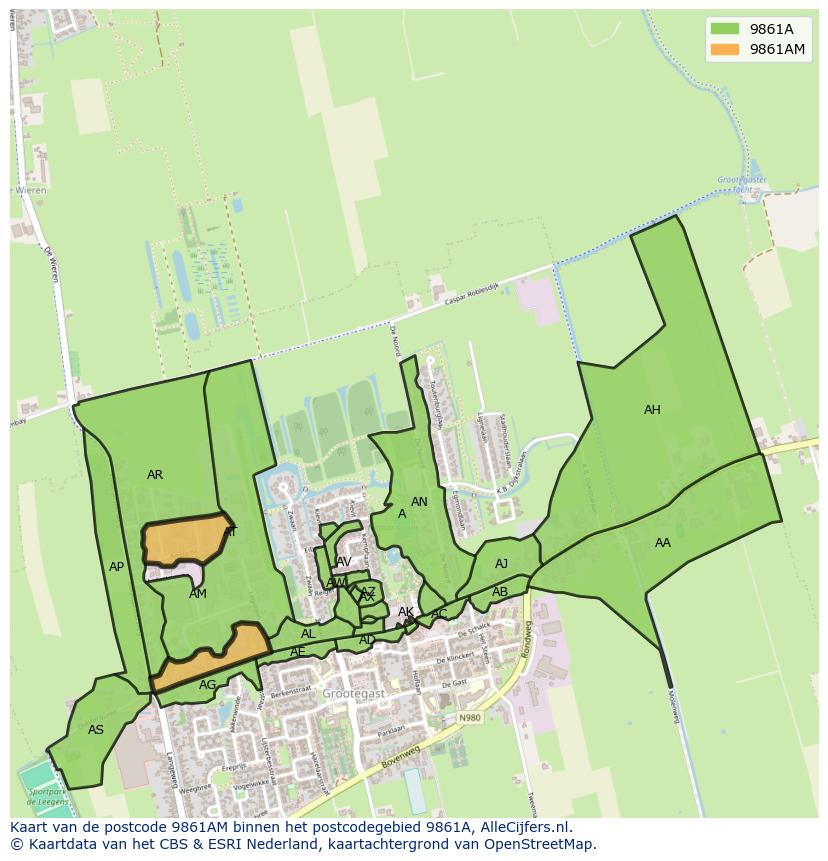 Afbeelding van het postcodegebied 9861 AM op de kaart.
