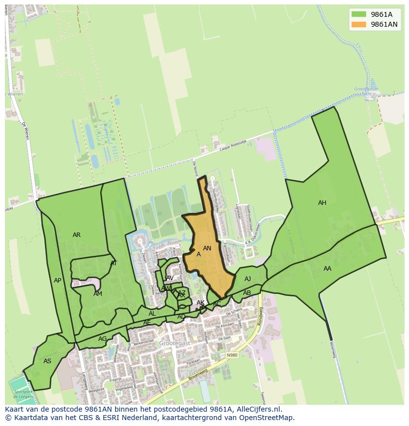 Afbeelding van het postcodegebied 9861 AN op de kaart.