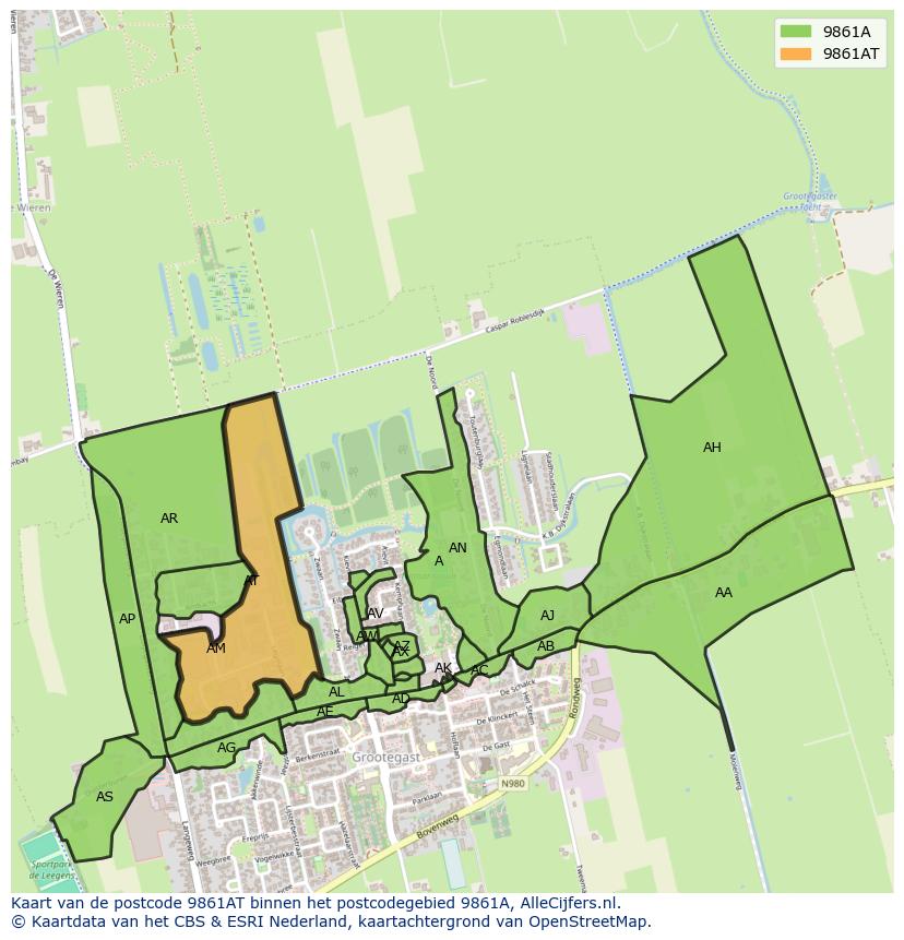 Afbeelding van het postcodegebied 9861 AT op de kaart.